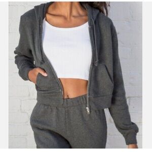 Brandy Melville John Galt Cropped Dark Grey Zip Up Hoodie S